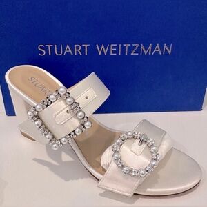 NWT Stuart Weitzman Ivory Pearl & Crystal Buckle Slide Mules